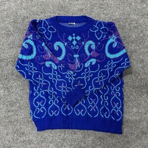 Jara Sweater Womens Size M Blue Metallic Lurex Damask Knit Crew Neck Italy